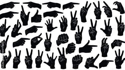 A collection of black silhouette hand gestures including peace signs, pointing, and thumbs up