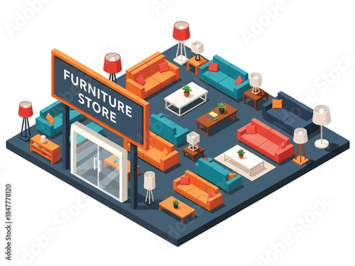 Isometric 3D view vector of a furniture showroom interior with sofas, tables, lighting displays, and modern home retail concept