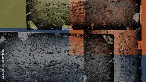 Textured Abstract Geometric Blocks with Grunge Effect in Dark Grey Olive Green