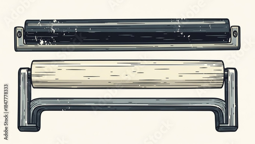 Vintage Industrial Rollers, Wood and Metal, Isolated Woodcut Style Illustration