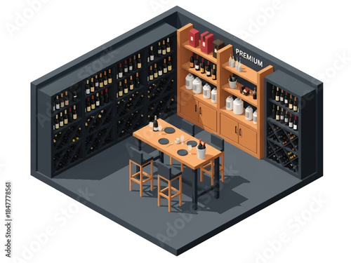 Isometric 3D view of a modern wine shop interior. Features premium liquor bottles on shelves and a wooden tasting table. Ideal for boutique retail, winery, and cellar concepts