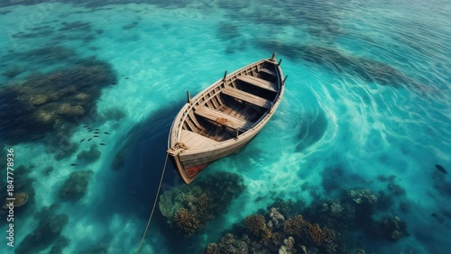 Fototapeta Naklejka Na Ścianę i Meble -  Wooden rowboat floats in crystal-clear turquoise waters above a coral reef, sunny day