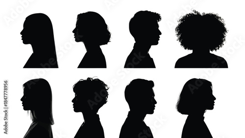 A collection of black silhouettes showing diverse people in profile view against a clean white background