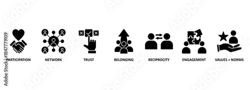 Social capital include such things as interpersonal relationships, a shared sense of identity, a shared understanding, shared norms, shared values, trust, cooperation, and reciprocity 