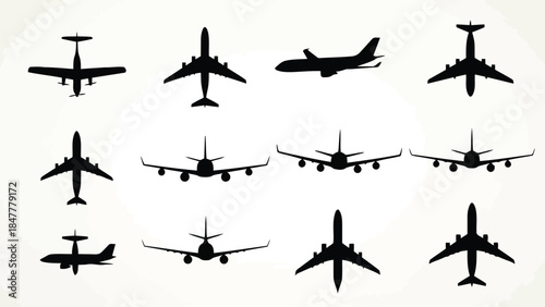 A diverse collection of various aircraft silhouettes representing different perspectives and models