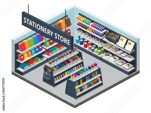 Isometric 3D illustration of a stationery store interior filled with colorful notebooks, pens, and art supplies. Features a checkout counter and organized retail display shelves