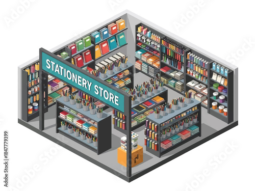 Isometric 3D illustration of a stationery store interior filled with colorful notebooks, pens, and art supplies. Features a checkout counter and organized retail display shelves