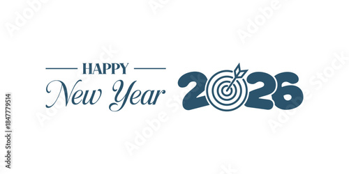 Elegant “Happy New Year 2026” typography design in dark blue on white background, modern calligraphy combined with bold numbers and swoosh element, perfect for holiday greetings, banners, and invitati