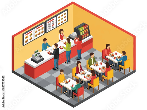 Isometric 3D view of a fast food restaurant interior with a service counter, menu board, and customers dining at tables. Perfect for hospitality and catering industry themes