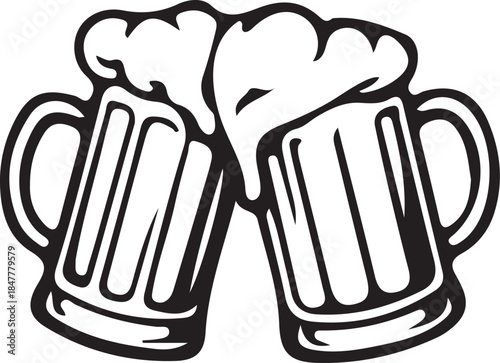 A vector illustration of two beer mugs in black silhouette, symbolizing camaraderie. A black silhouette of two beer mugs clinking together, representing celebration.