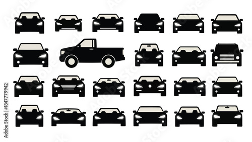 A collection of different vehicle silhouettes including various car models, a truck, and an suv