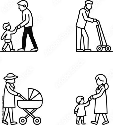 Black silhouette icons depict father, child, and baby figures sharing moments of love and care