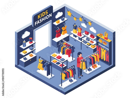 Colorful children's clothing store interior in isometric 3D style. A kid's fashion boutique with clothing racks, cute dresses, and friendly staff helping a shopper pick outfits