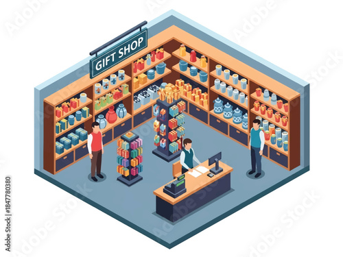 Isometric 3D view vector of a gift shop interior with souvenirs, decorative items, and seasonal retail displays