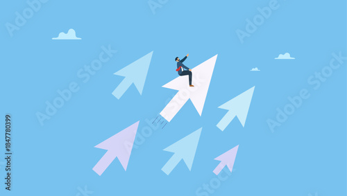 Businessman riding mouse pointer to click on button. Online advertising or digital marketing, SEO click through rate, social media marketing or search engine optimization.