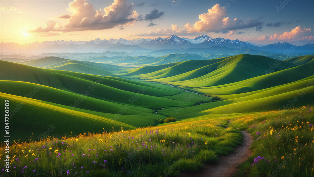 Fototapeta premium Golden sun illuminates rolling green hills a winding path and distant snow-capped peaks under a cloudy sky.