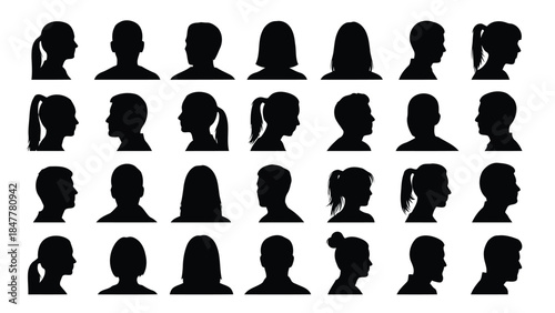 Diverse human head silhouettes collection representing different profiles and hairstyles