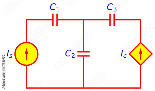 Capacitive electrical circuit diagram with multiple capacitors and independent and dependent current sources, illustrating nodal analysis and transient behavior in electronics engineering education