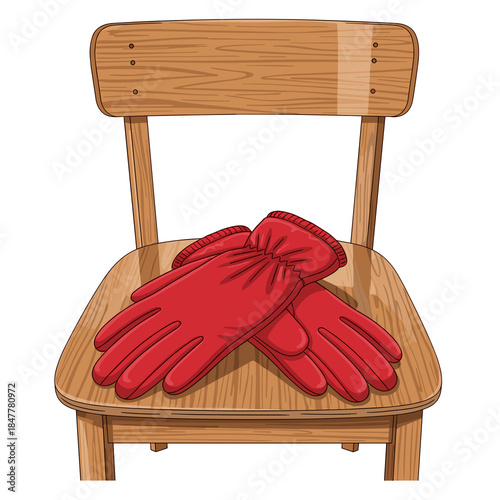 Red winter gloves on wooden chair flat illustration on white background