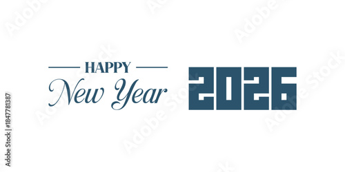 Elegant “Happy New Year 2026” typography design in dark blue on white background, modern calligraphy combined with bold numbers and swoosh element, perfect for holiday greetings, banners, and invitati