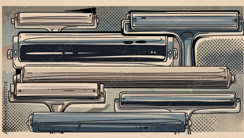 Collection of vintage printing rollers retro graphic design elements for industrial or artistic use 