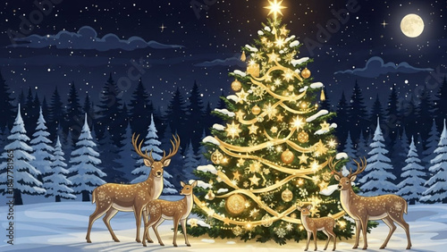 Decorated Christmas tree with reindeer in snowy forest at night festive winter scene for holiday gre