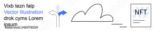 Technology, digital transformation, cloud computing, NFT trading, digital assets, innovation. Minimalist design with cloud, arrows and NFT text. Cloud computing and NFT trading concept