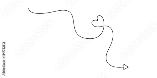 Minimalist continuous line drawing that typically represents a travel route or path with a heart symbol. Concepts for graphic design to symbolize love, travel, or a journey