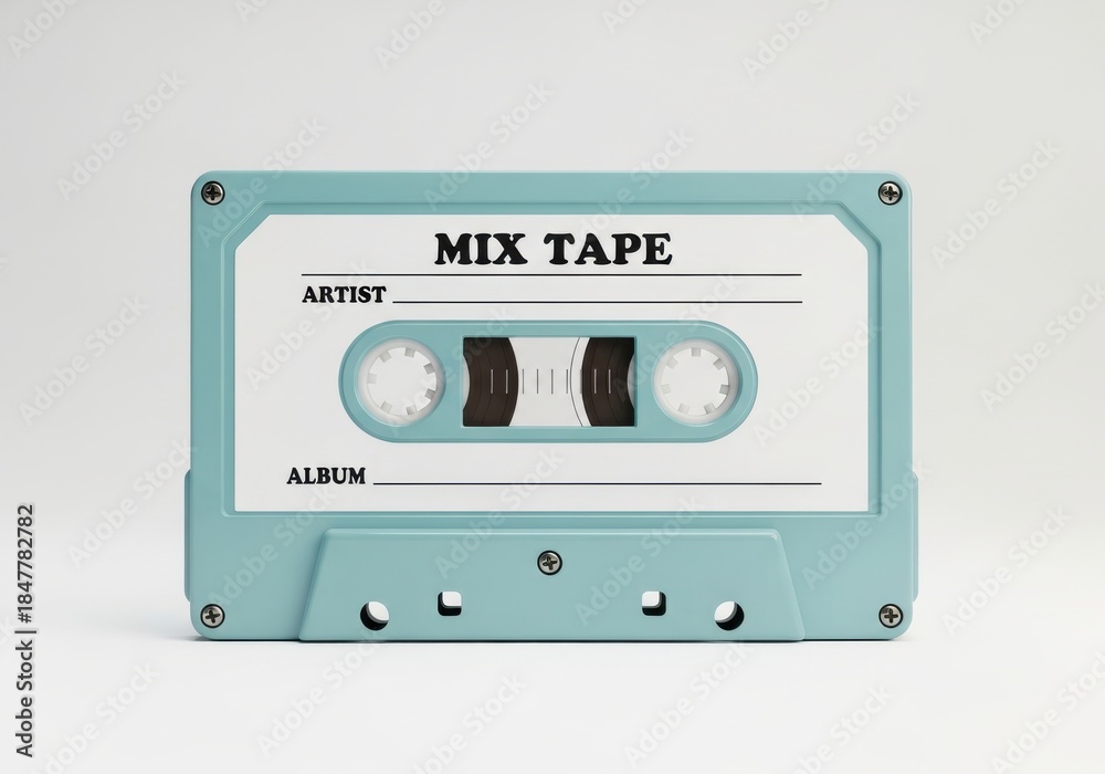 Fototapeta premium Light blue compact audio cassette featuring a white label for custom text presentation