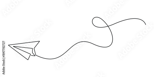 Minimalist continuous one line art vector illustration of an airplane's flight path forming a heart shape