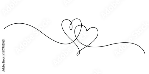 Minimalist illustration of two hearts created with a single, continuous line. One line drawing hearts sign vector illustration