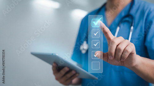 Healthcare checklist and digital verification process performed by medical professional using tablet with copy space.