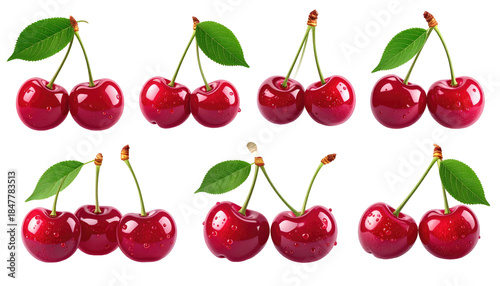 Eight pairs of ripe, red fruits with green leaves and stems, artfully arranged against a stark black background