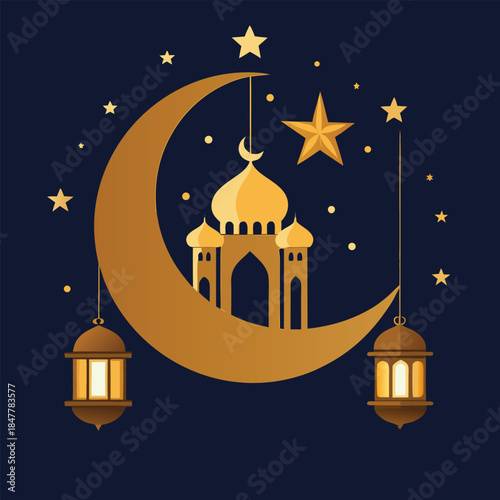 Ramadan kareem greeting card design featuring a mosque on a crescent moon with lanterns