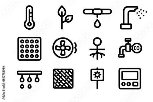 Smart Greenhouse Icons. Intelligent Greenhouse Systems linear set: temp-regulation plate, moisture probe node, nutrient pump bar, fine-mist sprayer, full-spectrum LED panel,