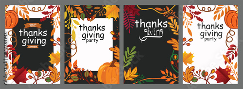 Set of four templates for Thanks Giving celebrations featuring autumn leaves and pumpkins, perfect for holiday invitations and greeting cards