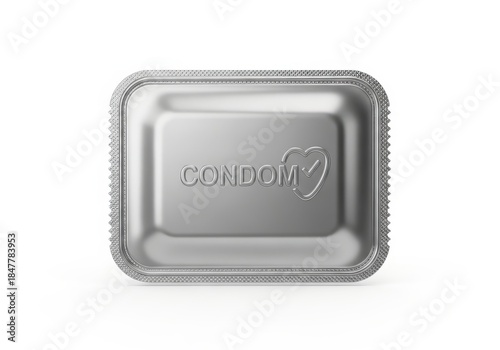Metallic silver package for a protective prophylactic device rests isolated on a white background.