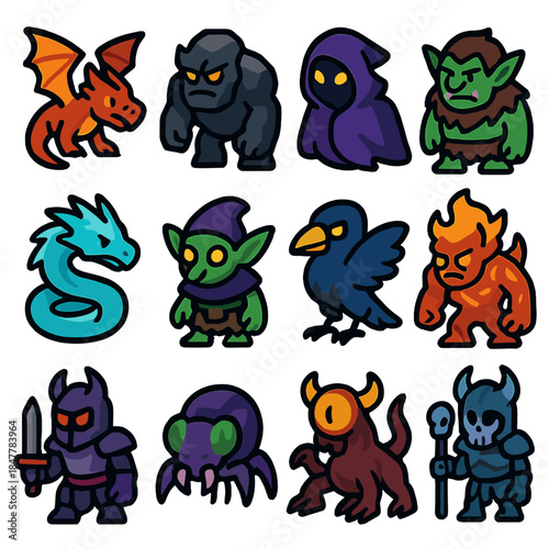 Legendary Enemy Icons. Legendary Enemy Icons isometric flat set: ember dragon, stone brute, night specter, wild troll, frost serpent, cavern goblin, storm raven, molten fiend,