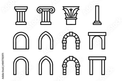 Ancient Architectural Icons. Ancient Column & Arch Icons linear set: simple column, volute head column, decorative leafy capital, vertical shaft, tiered base, rounded vault arch,