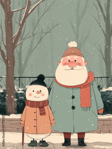 Whimsical Santa and snowman enjoying a winter stroll