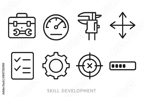 Skill Development Icons. Skill Development Symbols linear set: toolbox, calibrated gauge, precision tool, alignment arrow, checklist card, refined gear, practice marks, progress
