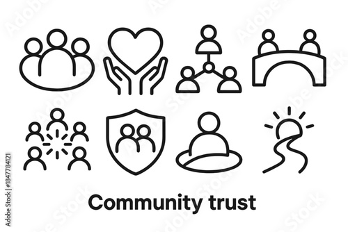 Unity, Trust, Harmony Icons. Community Trust linear set: group circle, shared heart, supportive network nodes, bridge line, unity spark, collective shield, steady path, harmony