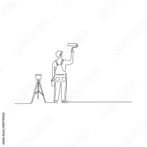 A minimalist line drawing depicts a painter working on a wall with tools