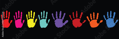 A vibrant row of colorful handprints on a black background, representing diversity, friendship, and creative childhood education concepts