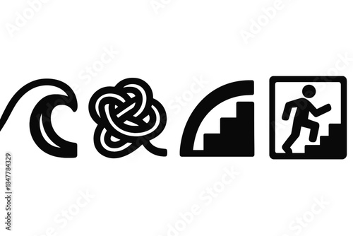 Brutalist Life Icons. Life Challenge Symbols silhouette set: storm-wave arc, tangled-rope coil, endurance-step panel.