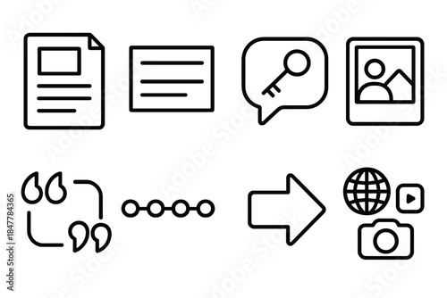Communication Icon Set. Communication Narrative Tools linear set: content outline sheet, headline card, key message bubble, example vignette frame, quote marker, timeline bar, call