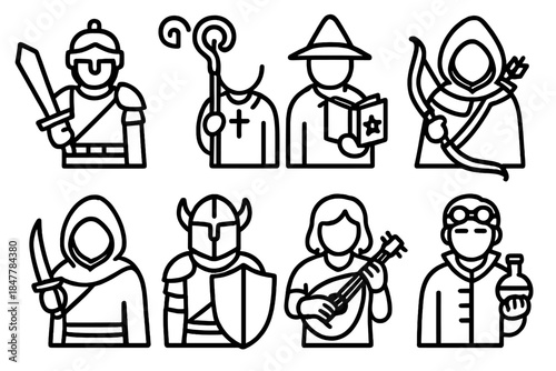 Fantasy Class Icons. Character Classes & Roles linear set: warrior blade, healer staff, mage tome, ranger bow, rogue dagger, guardian shield, bard lute, alchemist vial.