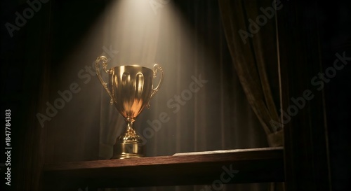 A dramatic shot of a golden trophy sitting on a shelf in a dark room, illuminated by a spotlight, symbolizing victory and prestige.
