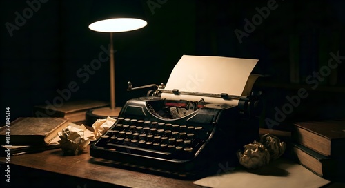 A dramatic shot of a vintage typewriter with a blank page, sitting on a desk in a shadowy room, symbolizing writer's block or the start of a story.