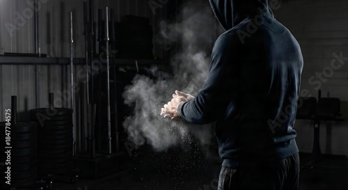 A dramatic, low-key shot of a weightlifter chalking their hands before a lift, creating a cloud of white dust against a dark gym background.